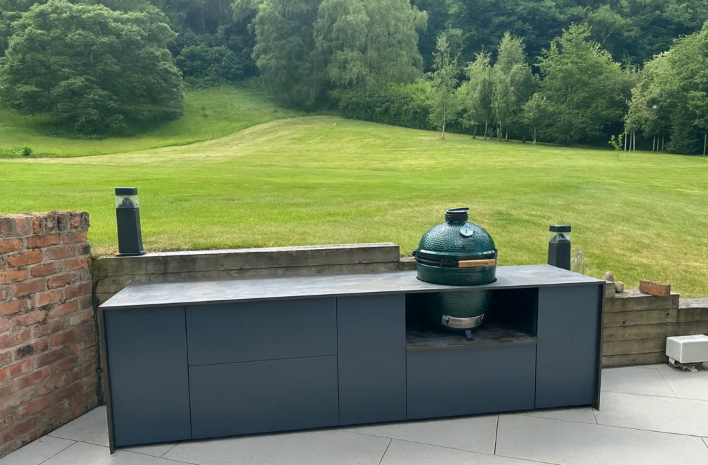 Outdoor kitchen spray finished in a Tricoya wood and Dekton surfaces